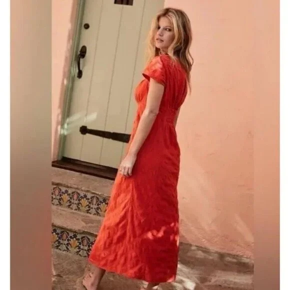 NEW FREE PEOPLE FREE-EST NATALYA SMOCKED COTTON WARM RED RUCHED MIDI DRESS SZ XS - Picture 7 of 10